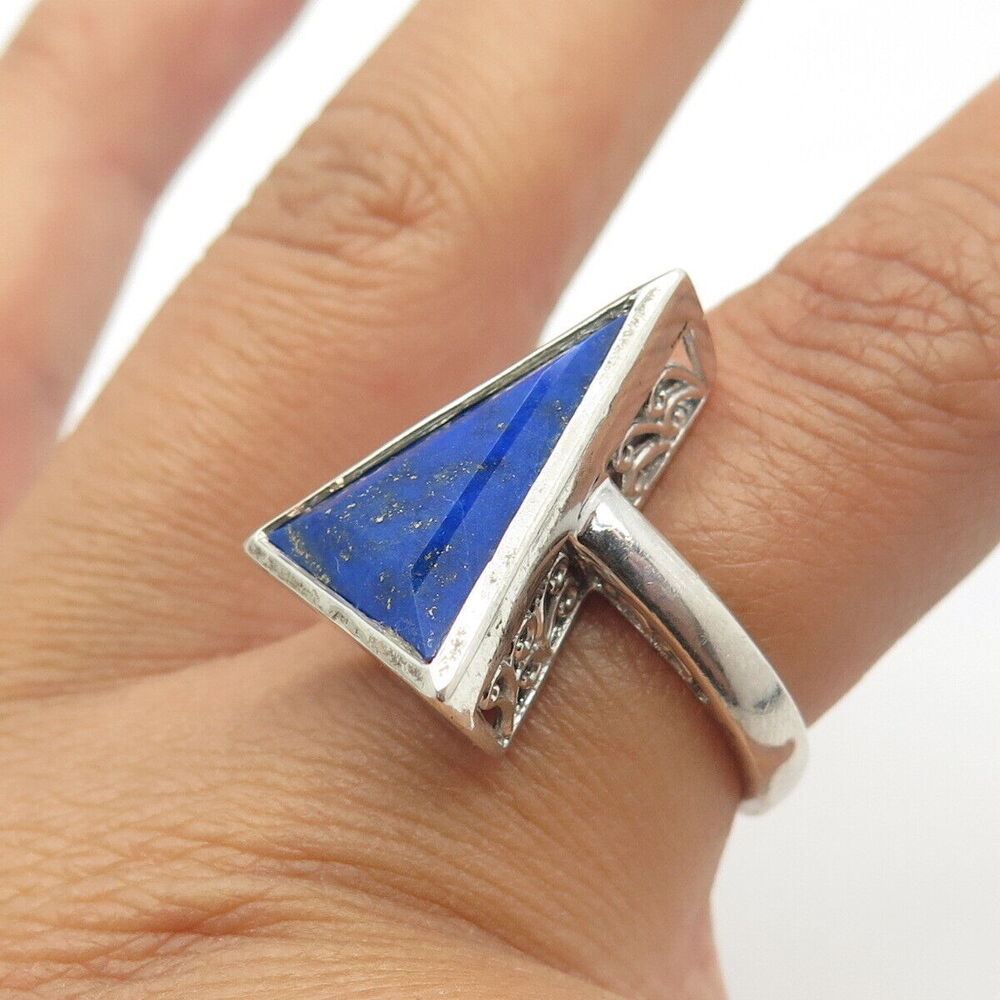 925 Sterling Silver Chuck Clemency Real Lapis Lazuli Gem Triangle Ring Size 6.5 - Picture 2 of 9